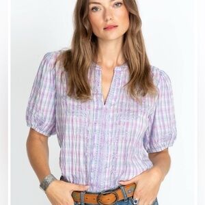 Johnny Was Malo Puff Sleeve Blouse Lilac Embroidered Plaid Bird Floral Small
